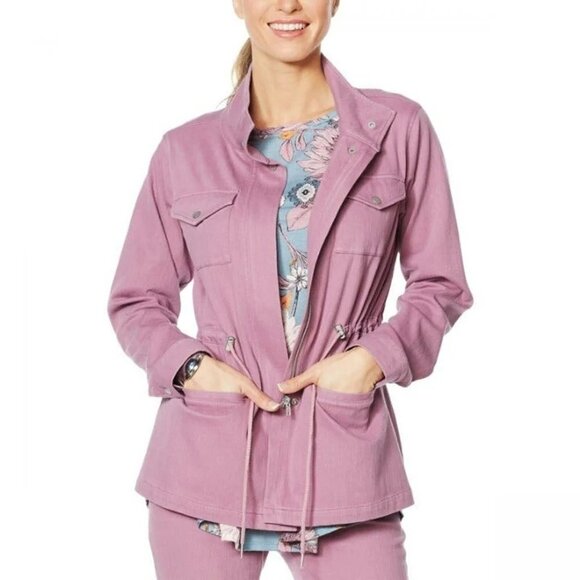 DG2 by Diane Gilman Cinch Waist Knit Twill Cargo Jacket Pink Purple - Picture 1 of 9